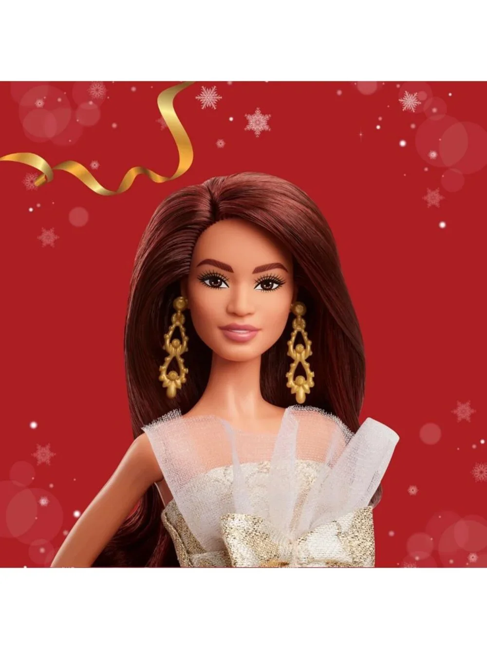 2025 Holiday Fashion Doll with Dark Brown Hair, Silver & Gold Gown, Collectible